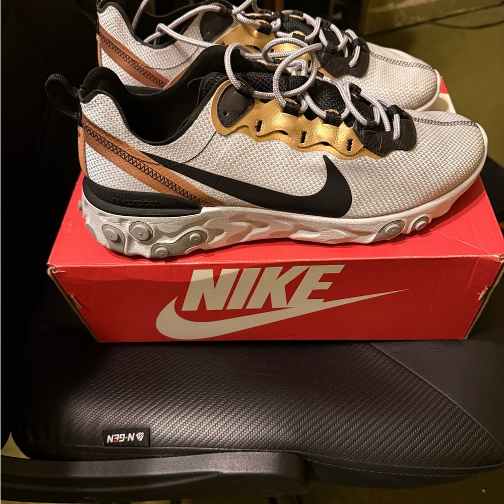 Nike React Element 55 White and Gold Sneakers